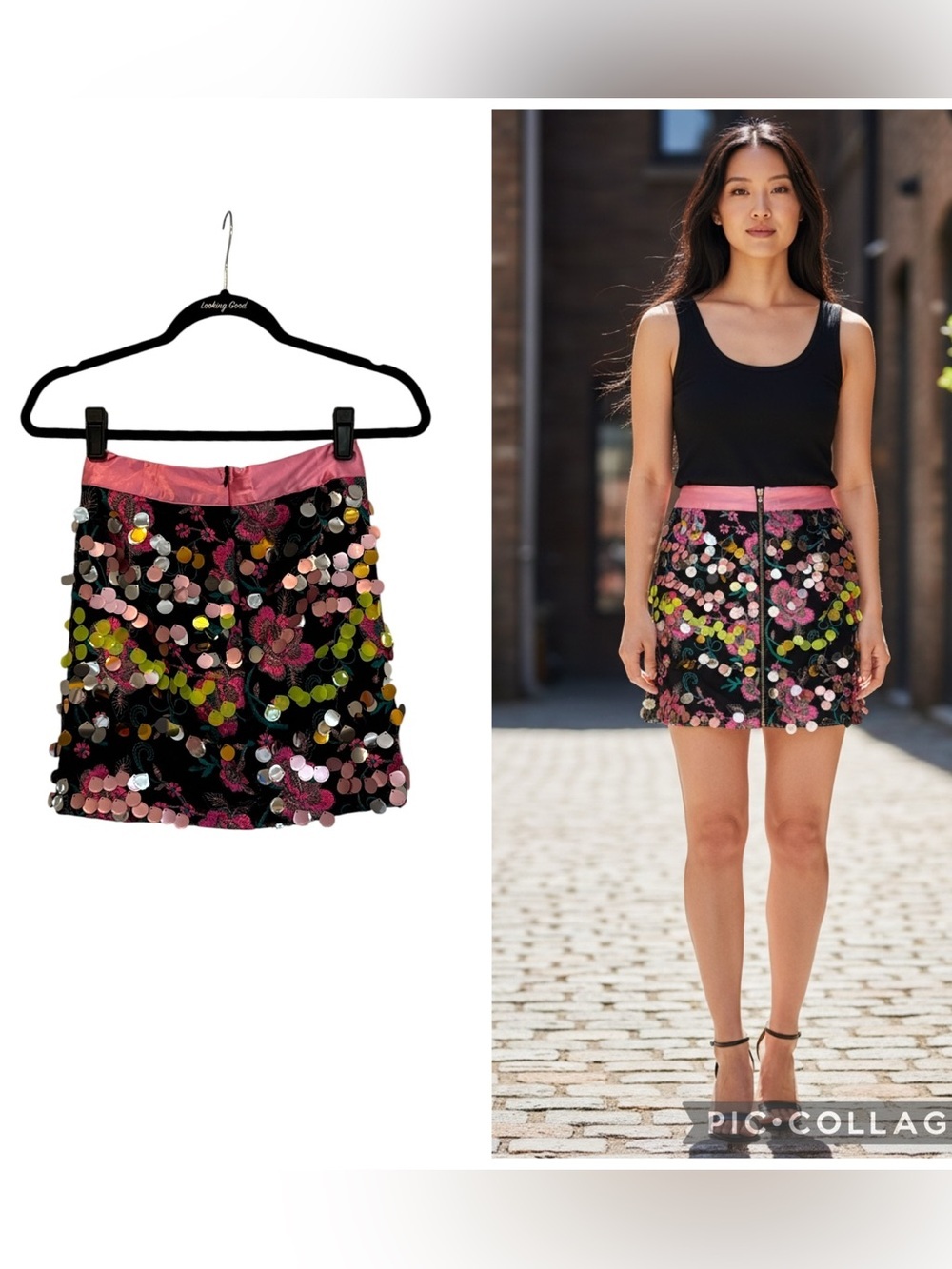 Muse Black Multi Floral Embroidered Sequin Mesh Mini Skirt Size S